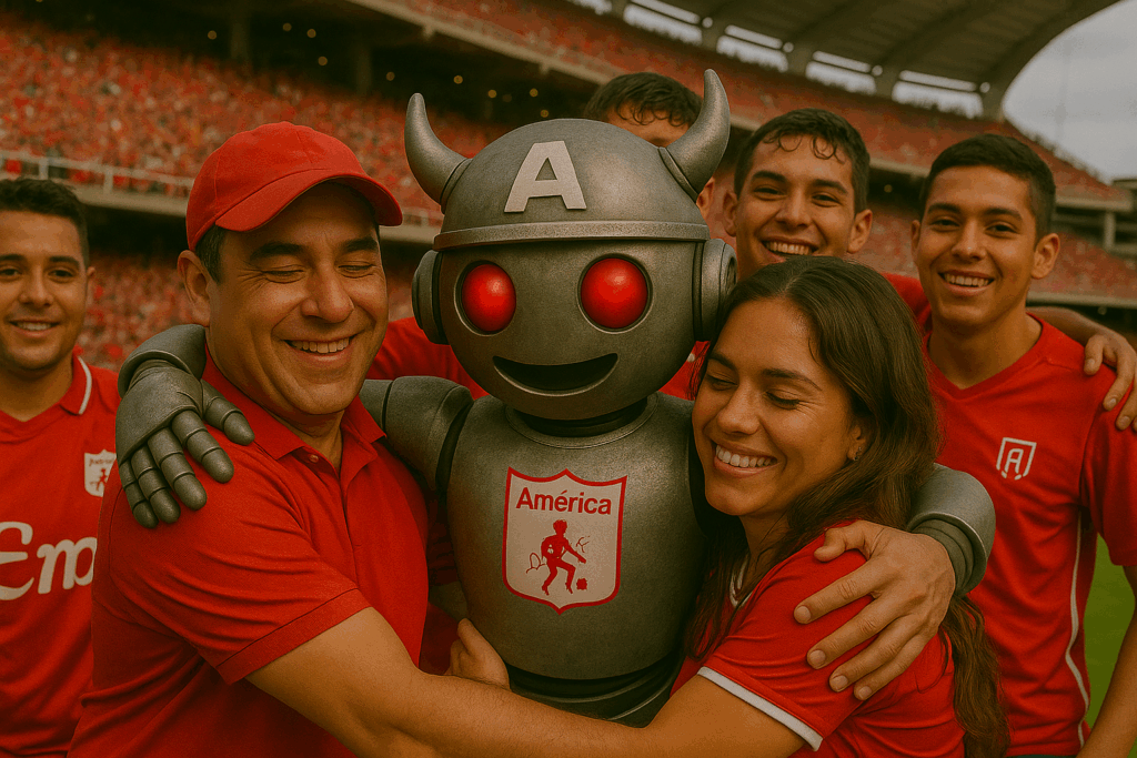 DIAblini, reportero virtual de América Play con hinchas en el Pascual | Foto: América Play / IA.