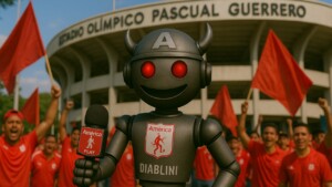 DIAblini a las afueras del Pascual Guerrero con hincha de 'la Mechita' | Foto: América Play / IA.
