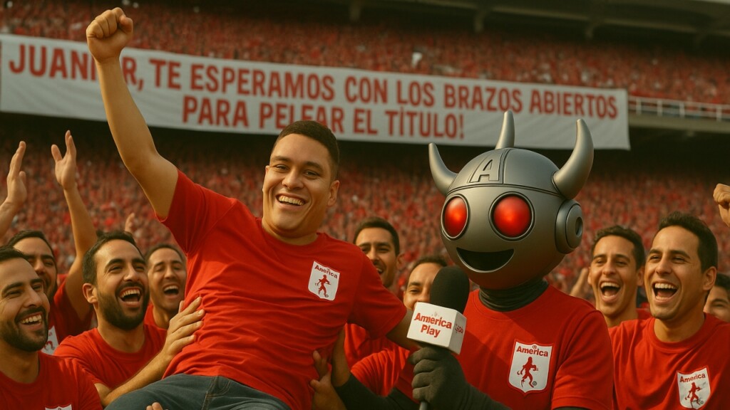 Diablini, hinchas y Juanfer Quintero en el Pascual Guerrero | Foto: América Play / IA.